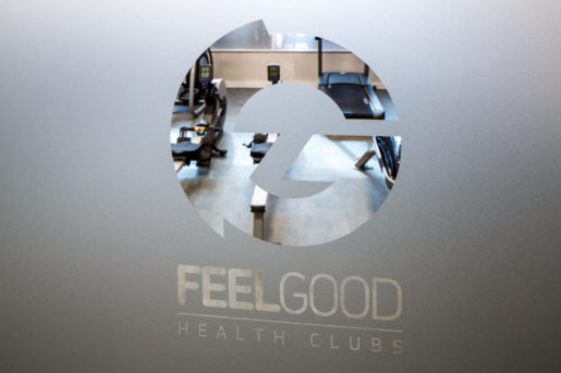 Feel Good Health Club gym, signage on frosted door