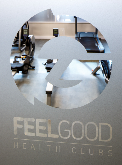 Feel Good Health Club gym, signage on frosted door