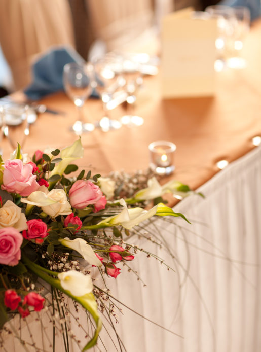 Detail shot of flowers on top table in the Almond Suite at Mercure Livingston Hotel