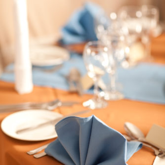 Detailed shot of folded light blue napkin place setting, wedding breakfast