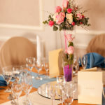 Close up of table arrangement in in the Almond Suite at Mercure Livingston Hotel, wedding breakfast, flowers