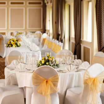 The Gillian Suite at Mercure Livingston Hotel, set up for a wedding breakfast, white and yellow theme