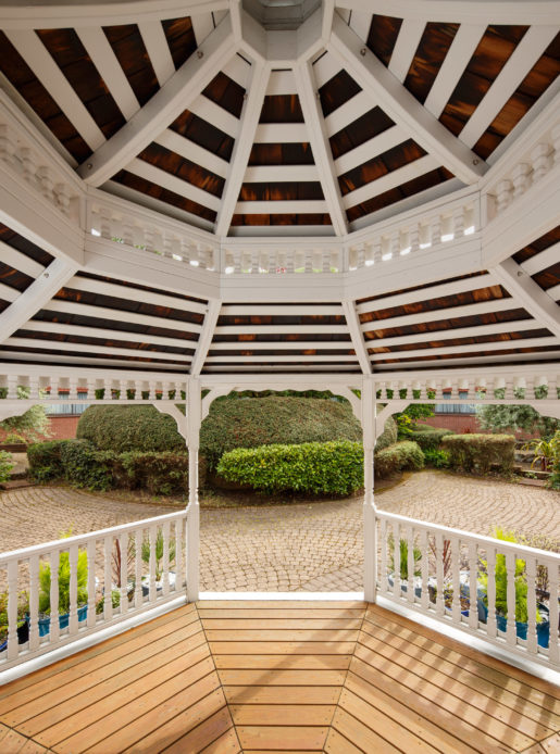 Inside gazebo in the gardens of Mercure Livingston Hotel